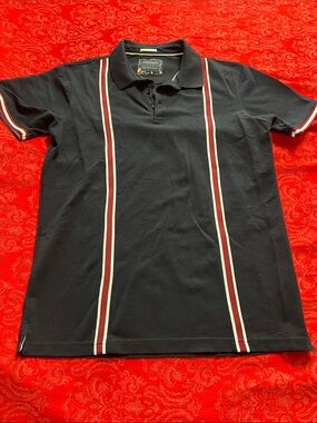 Denim & Flower Modern Polo Shirt Navy Burgundy Stripe Retro Mod Men’s M